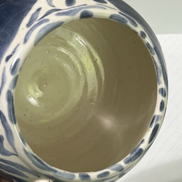 Blue & White Swirl Stoneware Planter Flower Pot Round Wheel Thrown Maker’s Mark - Picture 13 of 17